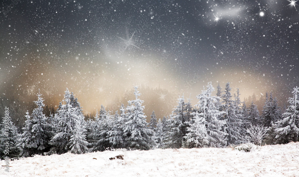 Fototapeta premium amazing winter sunrise through fog in the mountains