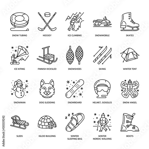Cute thin line icons of winter sports. Outdoor activities vector elements - snowboard, hockey sled, skates, snow tubing, ice kiting. Linear pictogram with editable stroke for equipment rent ski resort
