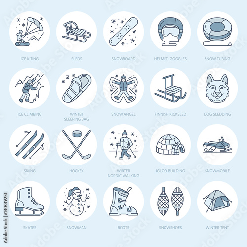 Cute thin line icons of winter sports. Outdoor activities vector elements - snowboard, hockey sled, skates, snow tubing, ice kiting. Linear pictogram with editable stroke for equipment rent ski resort