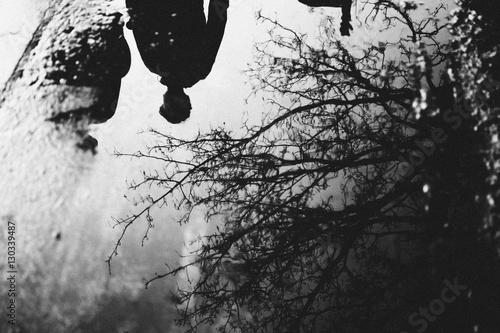 People and tree mirrored in puddle photo