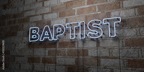 BAPTIST - Glowing Neon Sign on stonework wall - 3D rendered royalty free stock illustration. Can be used for online banner ads and direct mailers..