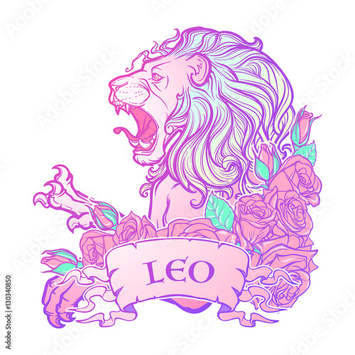 Zodiac sign of Leo with a decorative frame of roses. Astrology concept art. Tattoo design. Sketch in pastel pallette isolated on white background. EPS10 vector illustration.