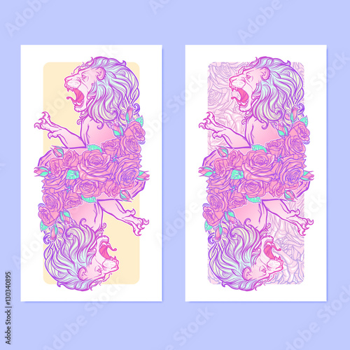 Vertical banners with Zodiac Leo and a decorative frame of roses. Astrology web element. Tattoo design. Sketch in pastel pallette isolated on elegant pattern background. EPS10 vector illustration
