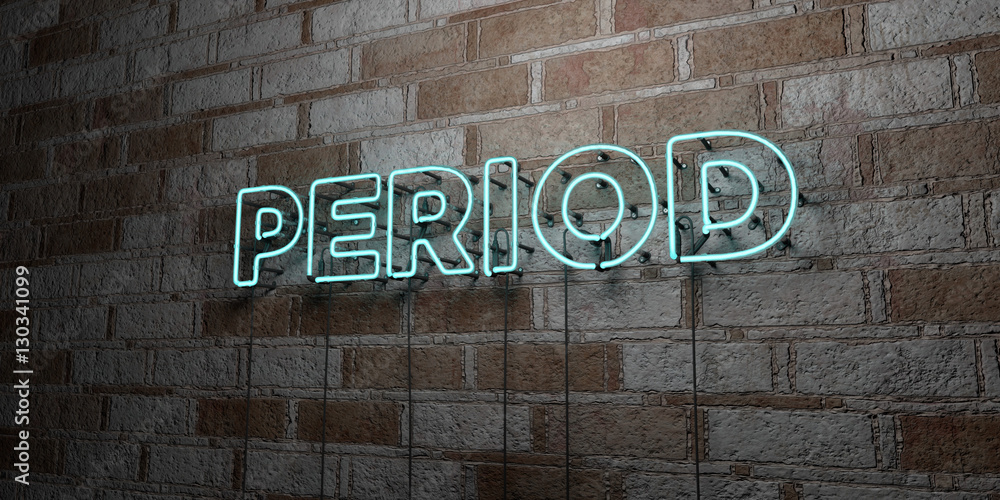 Fototapeta premium PERIOD - Glowing Neon Sign on stonework wall - 3D rendered royalty free stock illustration. Can be used for online banner ads and direct mailers..
