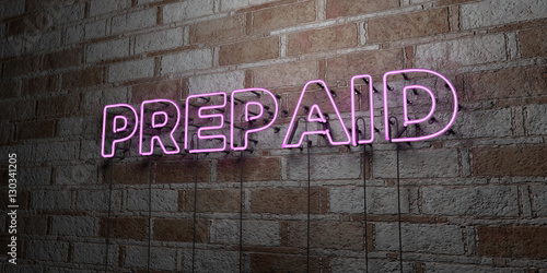 PREPAID - Glowing Neon Sign on stonework wall - 3D rendered royalty free stock illustration.  Can be used for online banner ads and direct mailers..