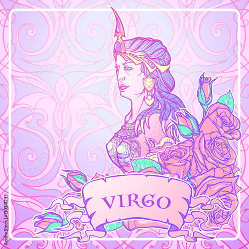 Beautiful woman with a decorative flower frame. Seamless pattern background. Zodiac Art Nouveau luxury style set. Virgo. Tattoo design. Pastel goth colors. EPS10 vector illustration.