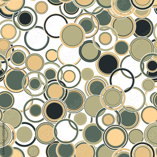 Geometric seamless pattern. The circles and rings of different sizes  are located in a chaotic manner on a white background. Useful as design element for texture  pattern and artistic composition.