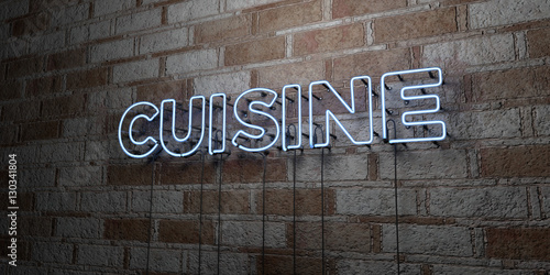 CUISINE - Glowing Neon Sign on stonework wall - 3D rendered royalty free stock illustration.  Can be used for online banner ads and direct mailers..
