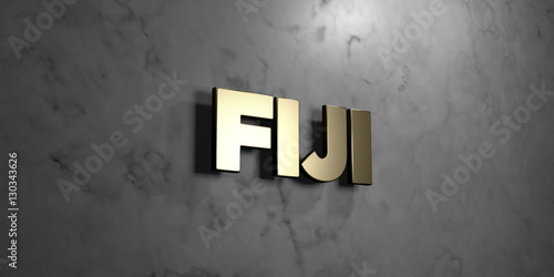 Fiji - Gold sign mounted on glossy marble wall  - 3D rendered royalty free stock illustration. This image can be used for an online website banner ad or a print postcard. © Chris Titze Imaging