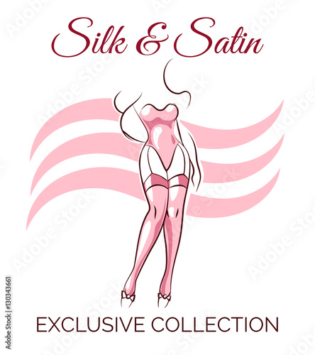 Lingerie shop emblem with female body silhouette in stockings. Vector illustration