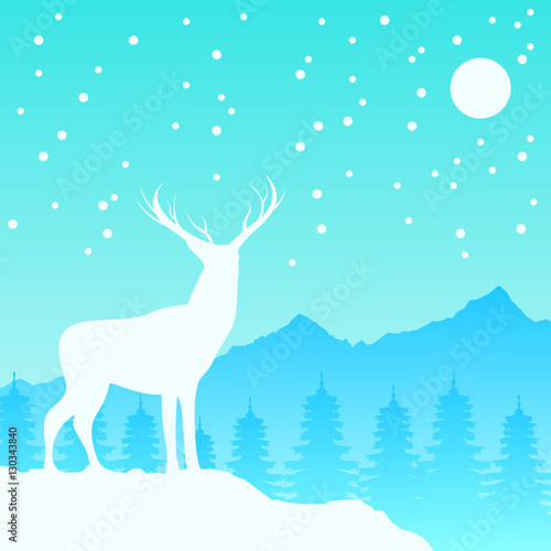 Reindeer with Pine Tree and Mountain Snow Christmas