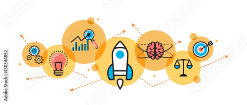 Flat line illustration of business project startup process from idea to success for website banner and landing page, header, infographics, logo and icon in circle. Concept for printed materials