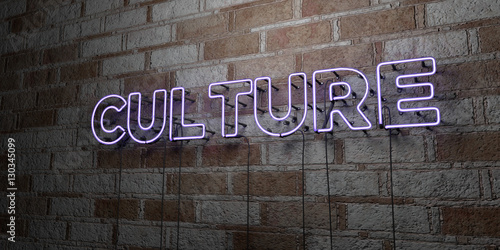 CULTURE - Glowing Neon Sign on stonework wall - 3D rendered royalty free stock illustration.  Can be used for online banner ads and direct mailers.. photo