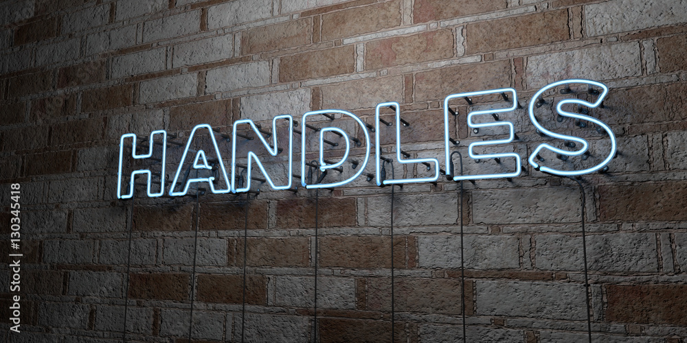Naklejka premium HANDLES - Glowing Neon Sign on stonework wall - 3D rendered royalty free stock illustration. Can be used for online banner ads and direct mailers..