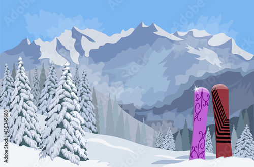 Winter mountain landscape. Firs in the snow. Snowboard. Vector