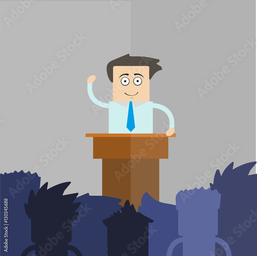 Business Man Tribune Speech People Group Silhouettes Conference Meeting Business Seminar Flat Vector Illustration