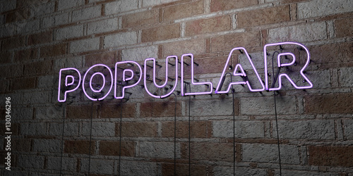 Fototapeta Naklejka Na Ścianę i Meble -  POPULAR - Glowing Neon Sign on stonework wall - 3D rendered royalty free stock illustration.  Can be used for online banner ads and direct mailers..