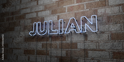 JULIAN - Glowing Neon Sign on stonework wall - 3D rendered royalty free stock illustration. Can be used for online banner ads and direct mailers..