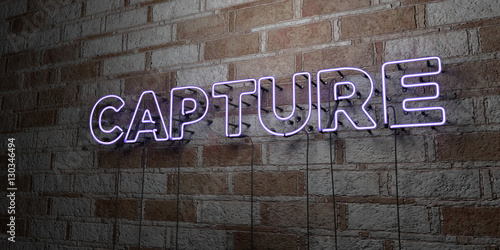 CAPTURE - Glowing Neon Sign on stonework wall - 3D rendered royalty free stock illustration.  Can be used for online banner ads and direct mailers..