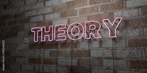 THEORY - Glowing Neon Sign on stonework wall - 3D rendered royalty free stock illustration.  Can be used for online banner ads and direct mailers..