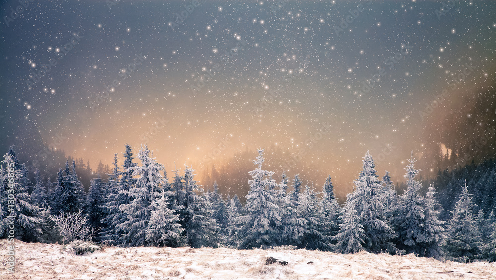 Fototapeta premium amazing winter sunrise through fog in the mountains