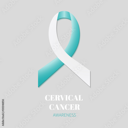 Cervical cancer awareness poster with white and teal ribbon on grey background. Ovarian cancer symbol. Medical concept. Vector illustration.
