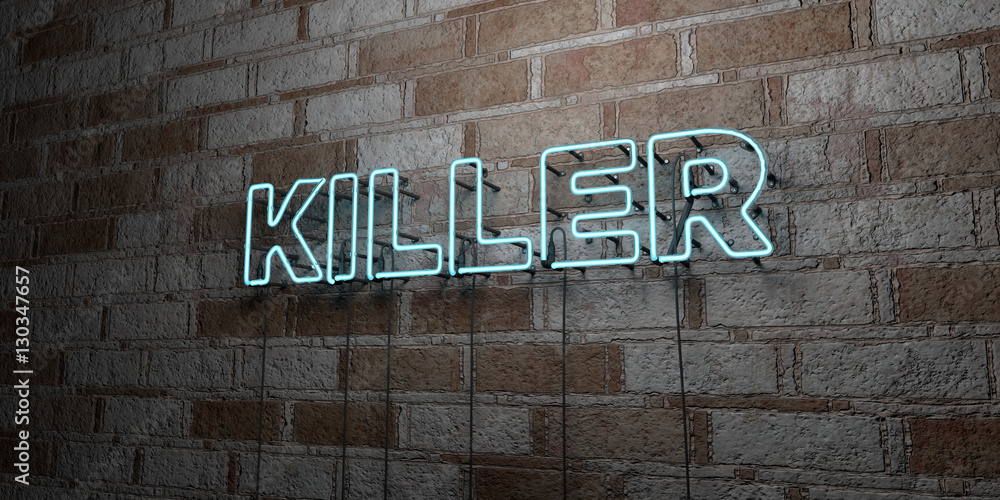 Naklejka premium KILLER - Glowing Neon Sign on stonework wall - 3D rendered royalty free stock illustration. Can be used for online banner ads and direct mailers..