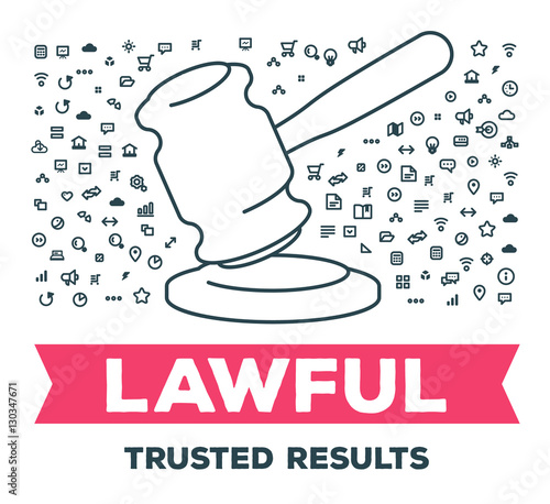 Vector creative illustration of big gavel with set of line icons