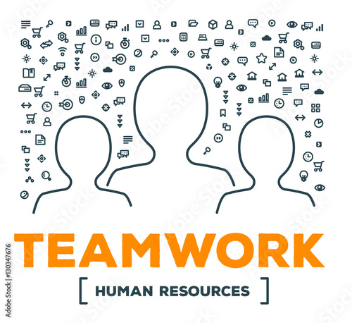 Vector creative illustration of people team with set of line ico