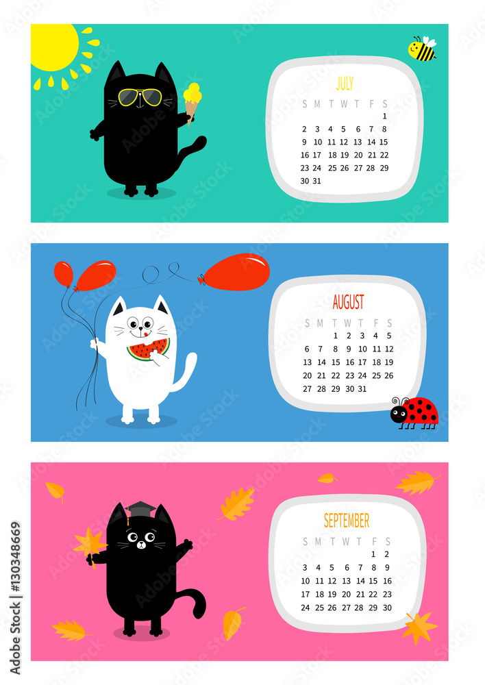 Cat horizontal calendar 2017. Cute funny cartoon white black character set.  July August September month. Ice cream, yellow sun shining, sunglasses. Red  balloon, watermelon fruit, leaf, hat Flat design Stock Vector |