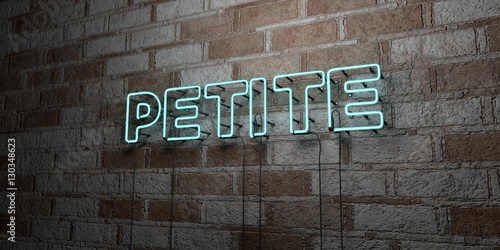 PETITE - Glowing Neon Sign on stonework wall - 3D rendered royalty free stock illustration.  Can be used for online banner ads and direct mailers..