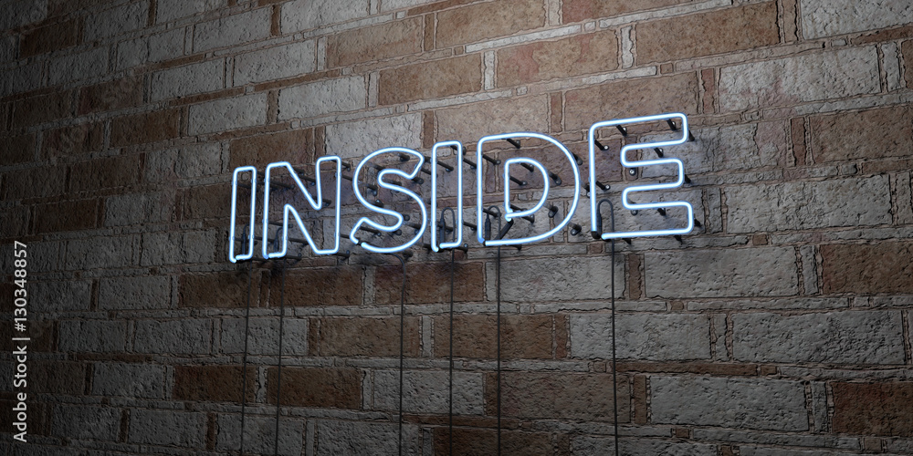 Naklejka premium INSIDE - Glowing Neon Sign on stonework wall - 3D rendered royalty free stock illustration. Can be used for online banner ads and direct mailers..