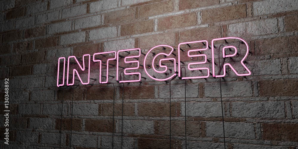 Fototapeta premium INTEGER - Glowing Neon Sign on stonework wall - 3D rendered royalty free stock illustration. Can be used for online banner ads and direct mailers..