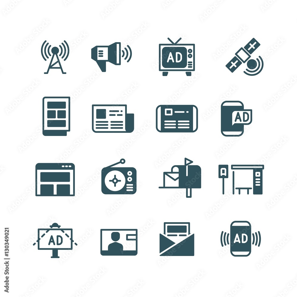 Advertisement on screen, advertising television, outdoor ad, online ads vector icons