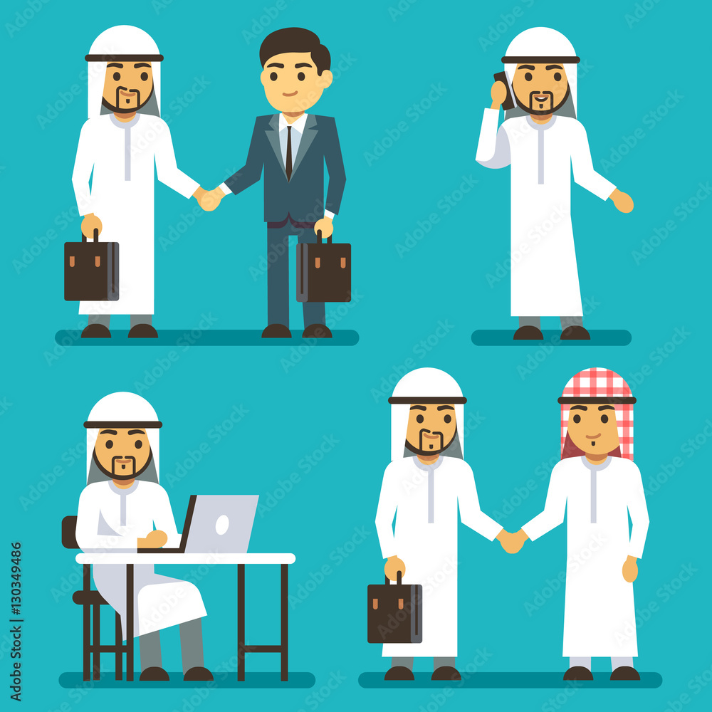 Arabian businessman characters at work in office vector saudi people set Arabian businessman characters at work in office vector saudi people set