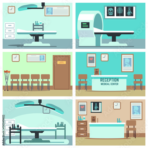 Empty hospital, doctor office, surgery room, clinic vector interiors set