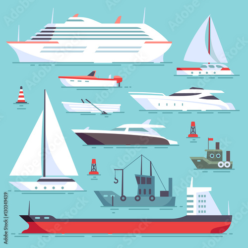 Ships at sea, shipping boats, ocean transport vector icons set
