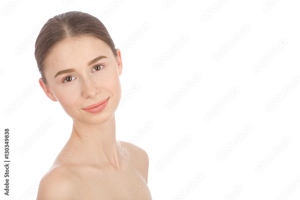 Woman with a natural beauty makeup look - isolated over a white background with copyspace Woman with a natural beauty makeup look - isolated over a white background with copyspace
