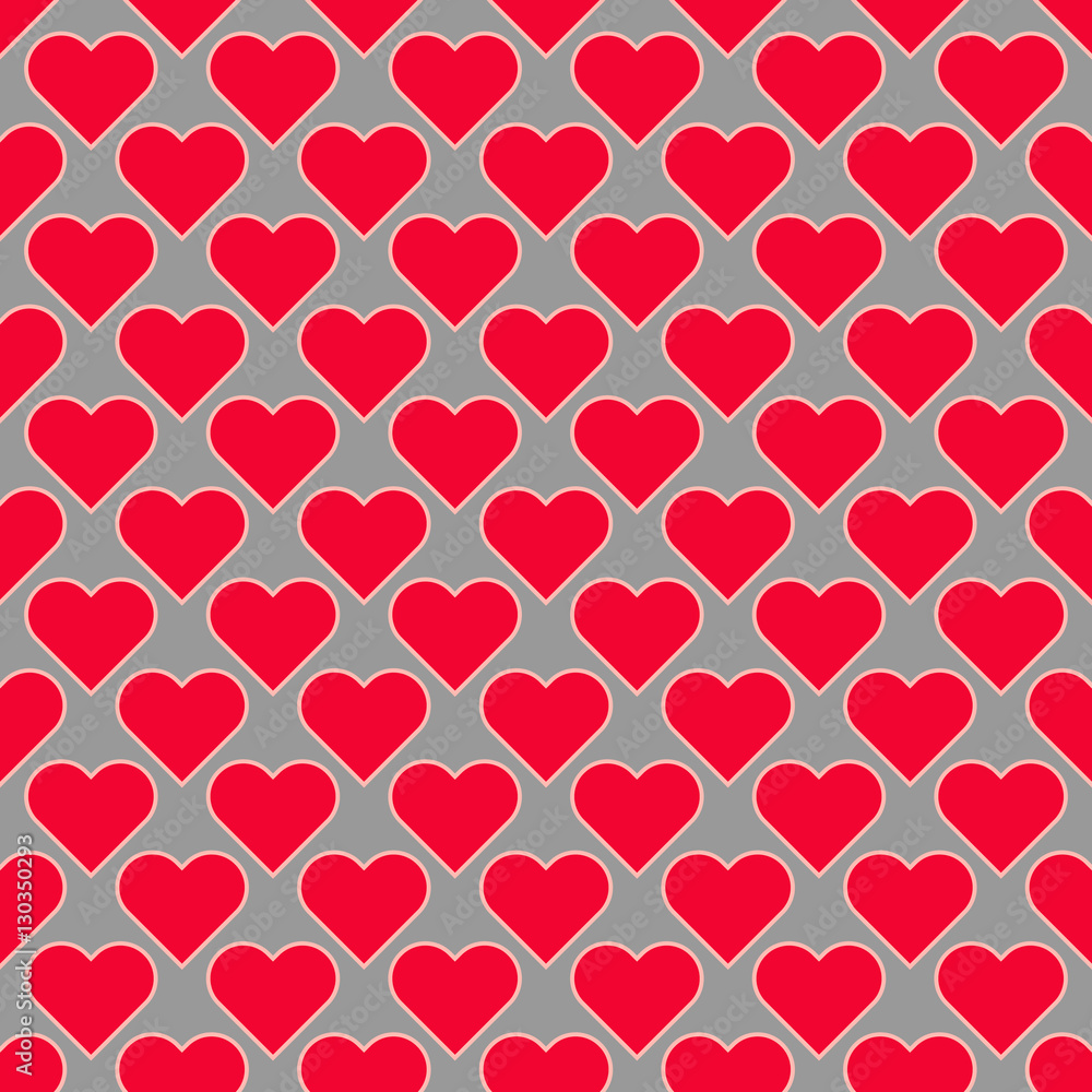 Red hearts on grey background. Vector seamless pattern