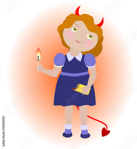 Cartoon devil girl with matches. Objects grouped and named in En