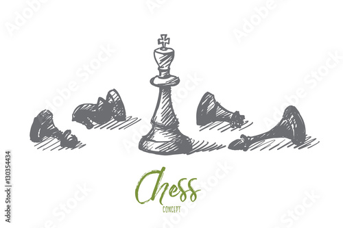Vector hand drawn concept sketch of whipped chessmen and standing King in center with lettering
