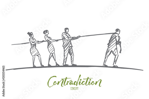 Vector hand drawn contradiction concept sketch with three people pulling rope to one side and man pulling it to another