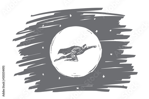Vector hand drawn hero concept sketch with hero in traditional superman clothing flying in the sky in front of the Moon