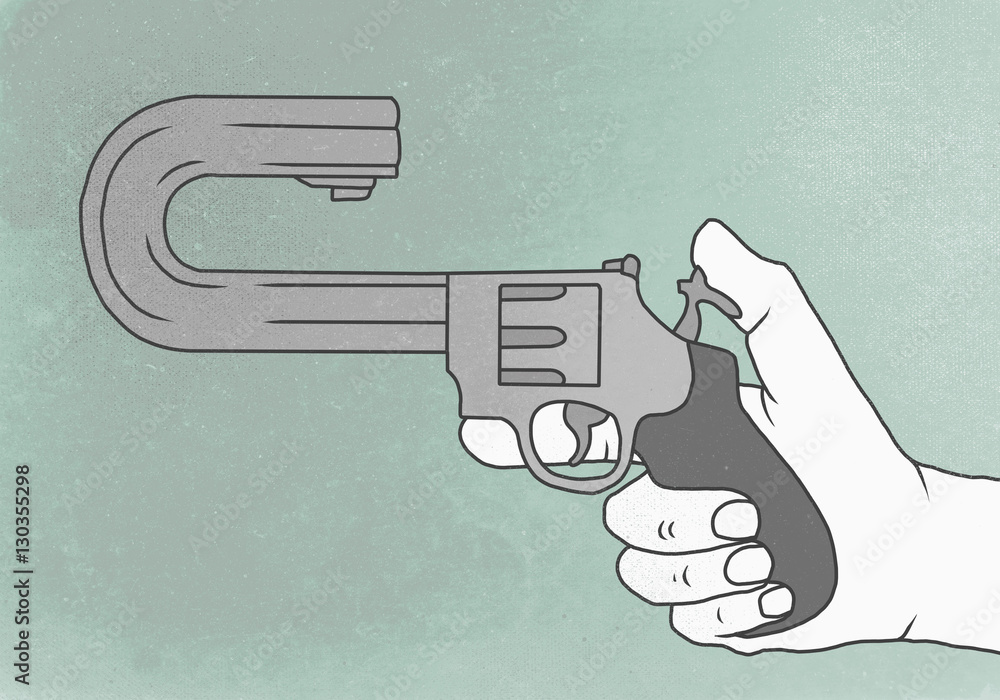 Illustration of hand holding gun with curved barrel representing