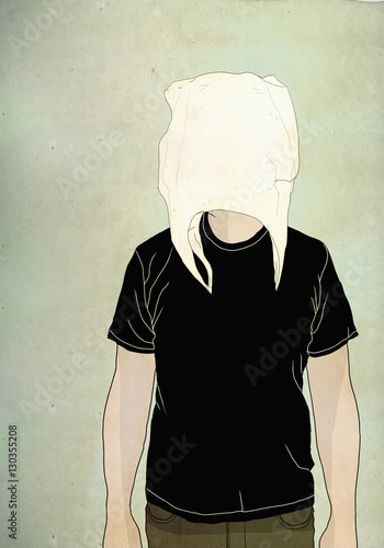 Illustration of man wearing shopping bag on face against colored background representing  hiding ide photo