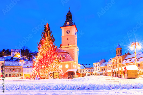 Brasov, Romania. Christmas Market at twilight.