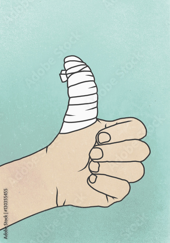 Illustration of hand with bandage wrapped on thumb against colored background photo