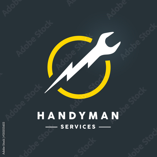 Concept handyman services logo with white abstract spanner flash tool in yellow circle icon on dark cool grey background. Vector illustration.