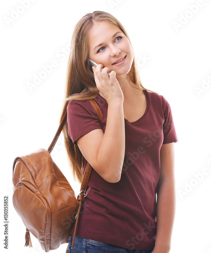 Beautiful teenager talking ...