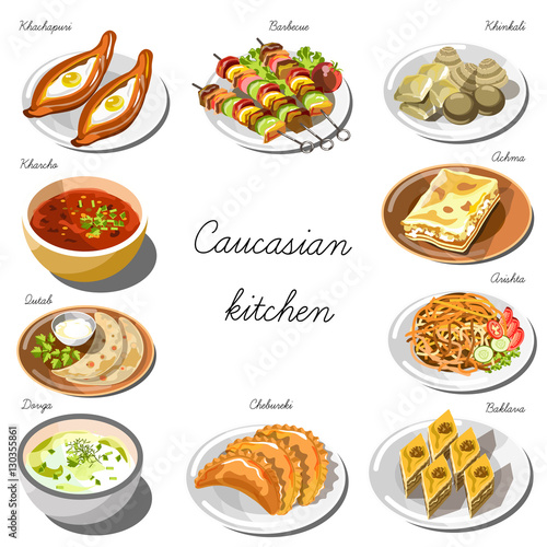 Caucasian cuisine set. Collection of food dishes
